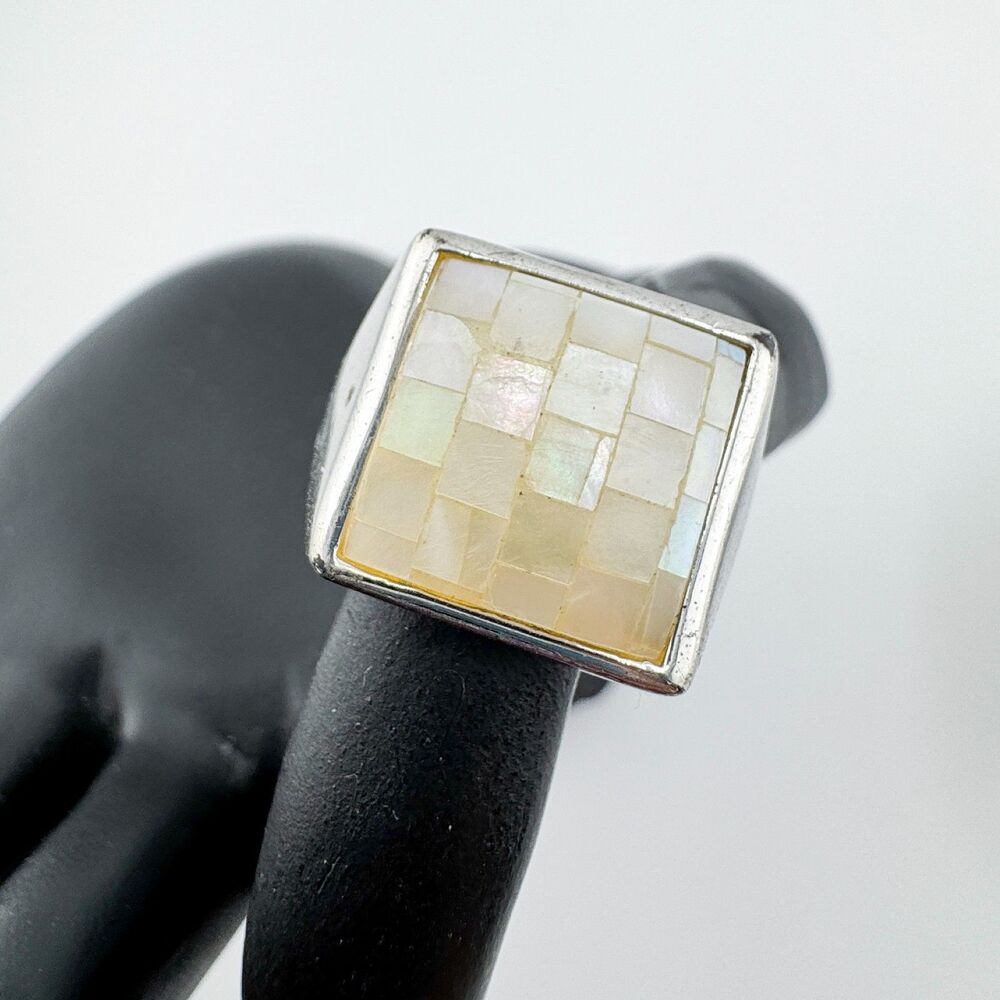 Lia Sophia Silver Tone Mother of Pearl Mosaic Ring Modern Square Statement